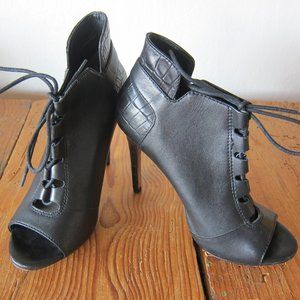 POUR LA VICTOIRE OPEN TOE BLACK LEATHER BOOTIES